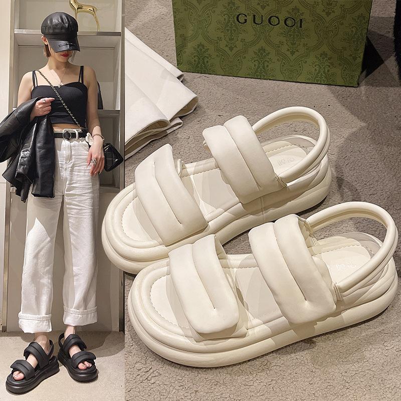 Fashion Pink Color Leather Band Platform Sandals Women Thick Bottom Summer Beach Shoes Woman Creepers Med-high Heels Sandales Femmes Été