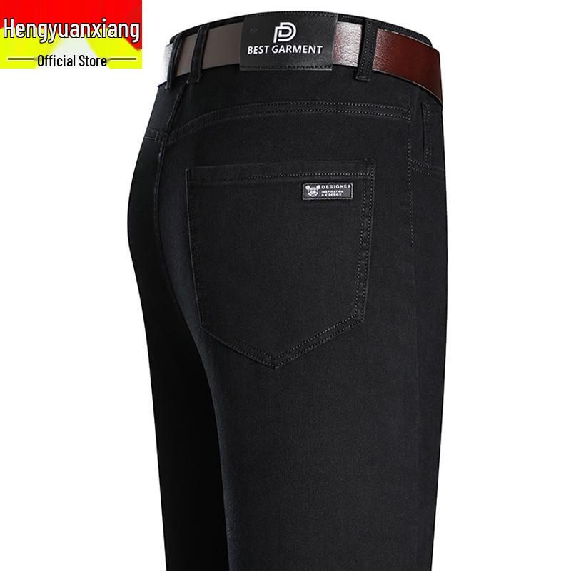 Hengyuanxiang Herren Schwarze Elastische Straight-Leg Jeans - Trendige, Waschbare und Strapazierfähige Freizeithosen für Herbst und Winter.