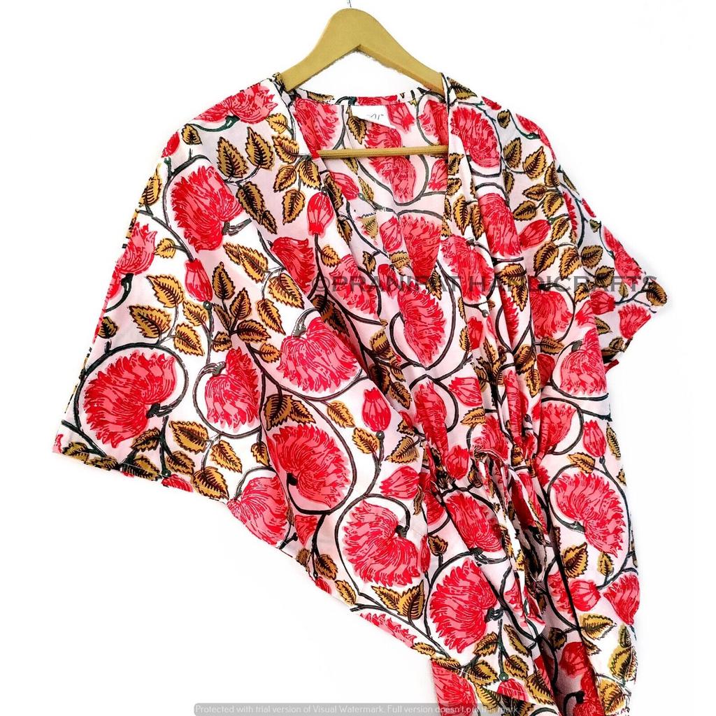 Damen Hippie Sommer Baumwolle Nachtwäsche Blumenmuster Weiß Langes Maxi Kaftan Kleid CKFTN-SCRN-FULL-BUYIT-140