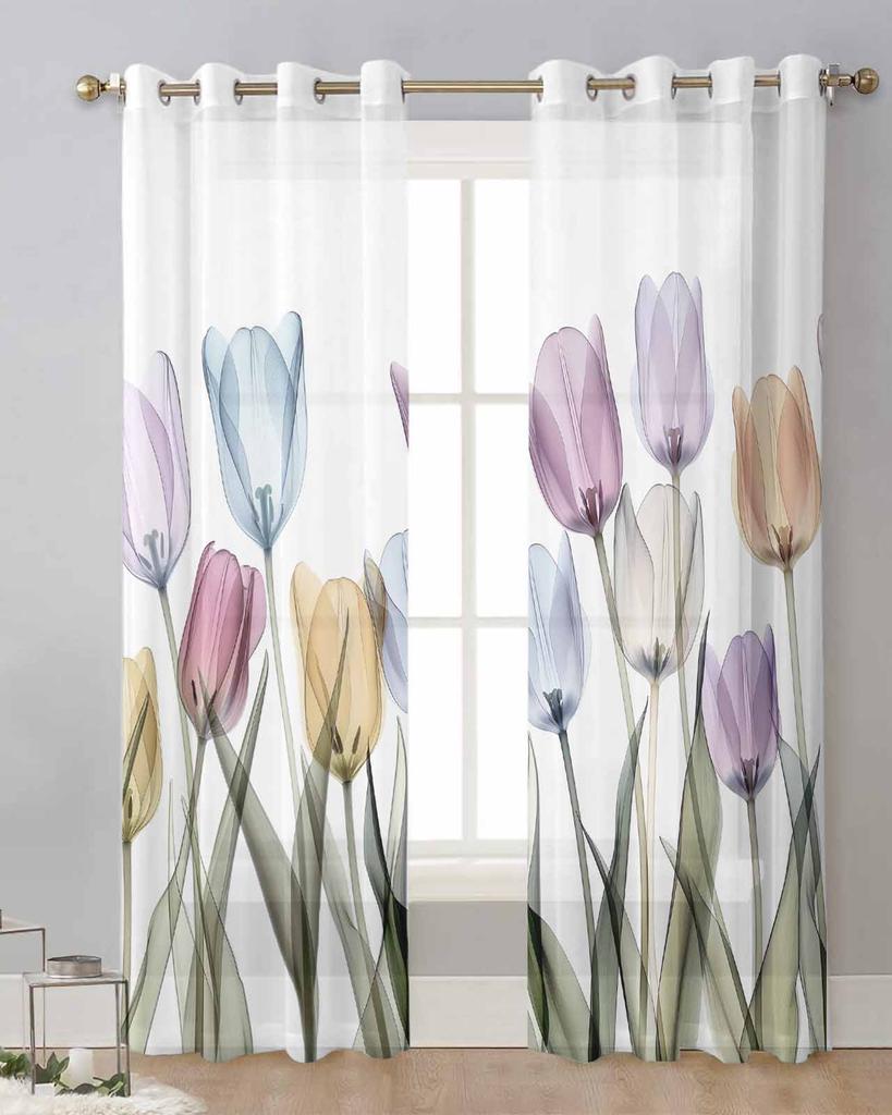 Tulpenblume Aquarellstil Transparente Vorhänge zur Wohnzimmerdekoration Fenstergardinen für die Küche Tüll Voile Organza Vorhänge