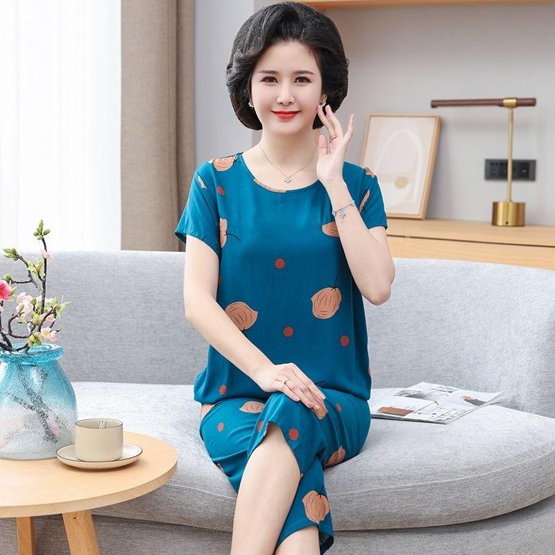 Ice Silk Suit Pajamas Women's Summer Short-sleeved Middle-aged Casual Wear Can Be Worn Outside Mother's Thin Two-piece Set