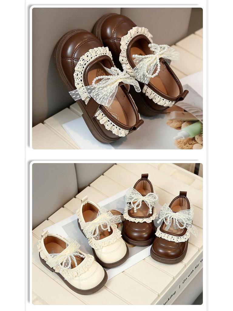Girls' Lace Bow Leather Shoes - Spring & Autumn Korean Style Princess Performance Shoes with Pearls