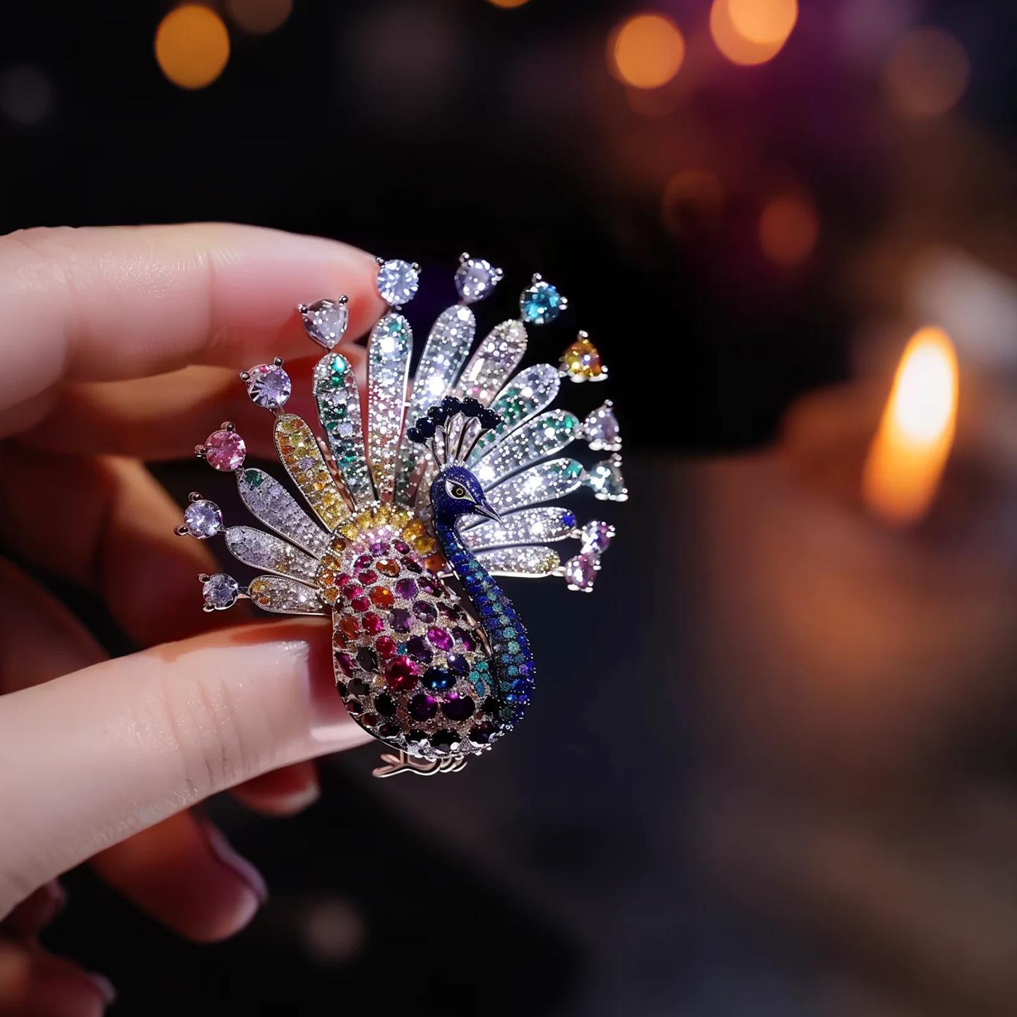 Exquisite Copper Zirconia Peacock Brooch for Performance Costume Accessory