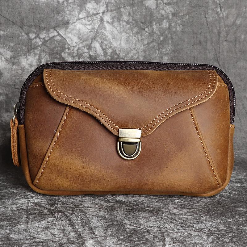 Men's Crazy Horse Top Grain Leather Waist Bag for 6.1-6.7" Phones