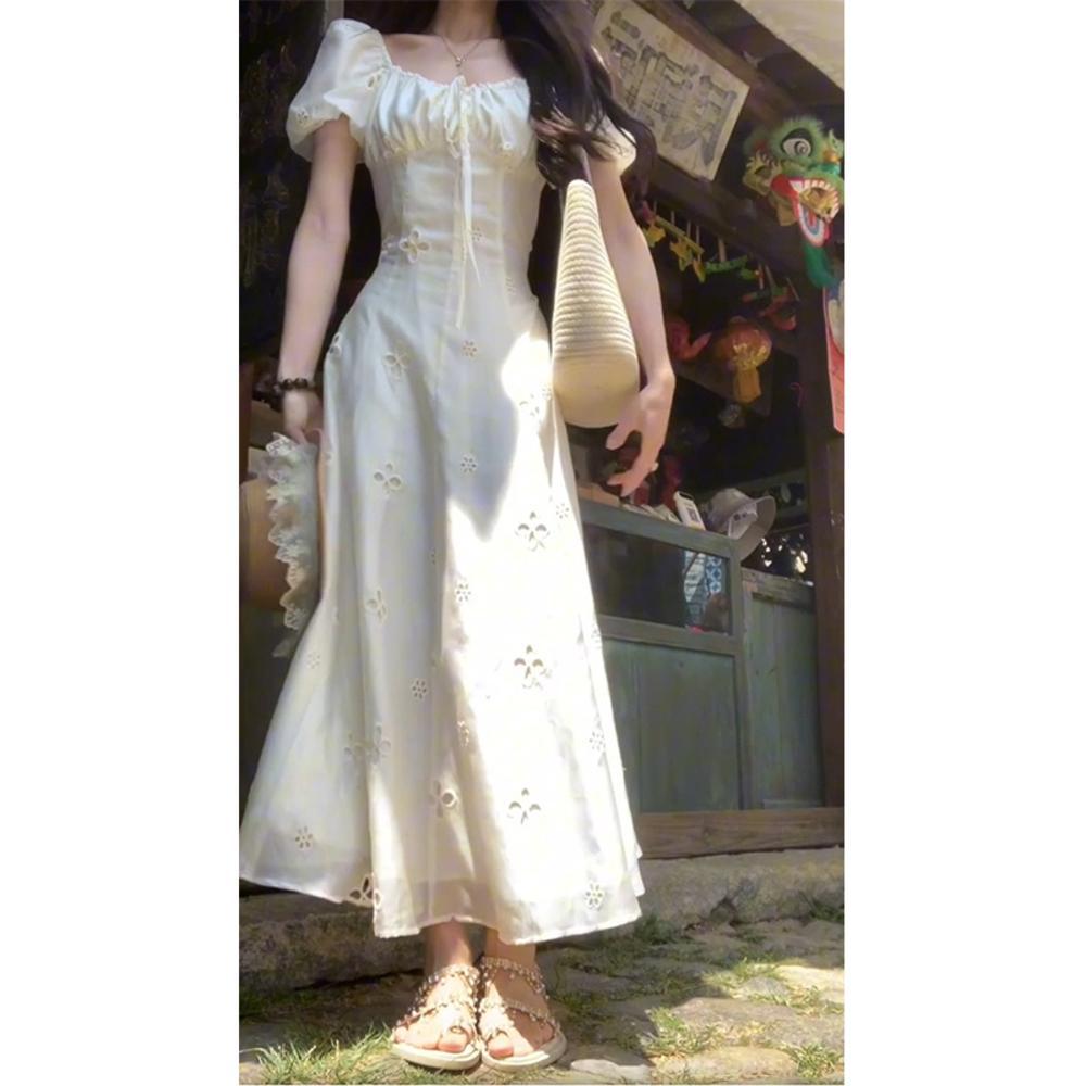 

Платье с квадратным вырезом и рукавами-буфами, длинное платье с ажурной отделкой для нежного ветра и отдыха, детский летний досуг и темперамент XL- (recommended 110-60kg)