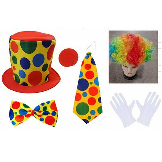 Colorful Clown Polka Dot Costume Set with Nose, Hat, Wig, Bow Tie, and Magic Props.