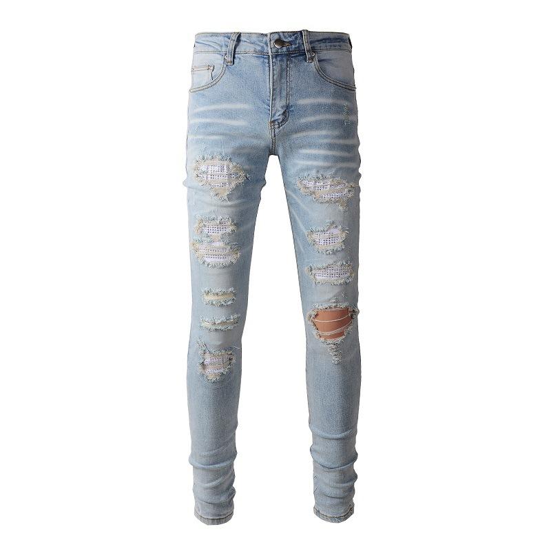 Street Denim Freizeithose Micro-Stretch Baumwolle Jugend Blaue Löcher Enge Jeans Herrenmode Hose