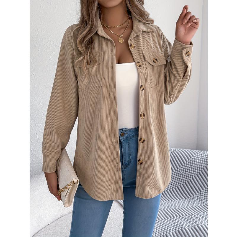 Women S Corduroy Striped Long Sleeve Turn Down Collar Mid Length Casual Shirt Jacket S