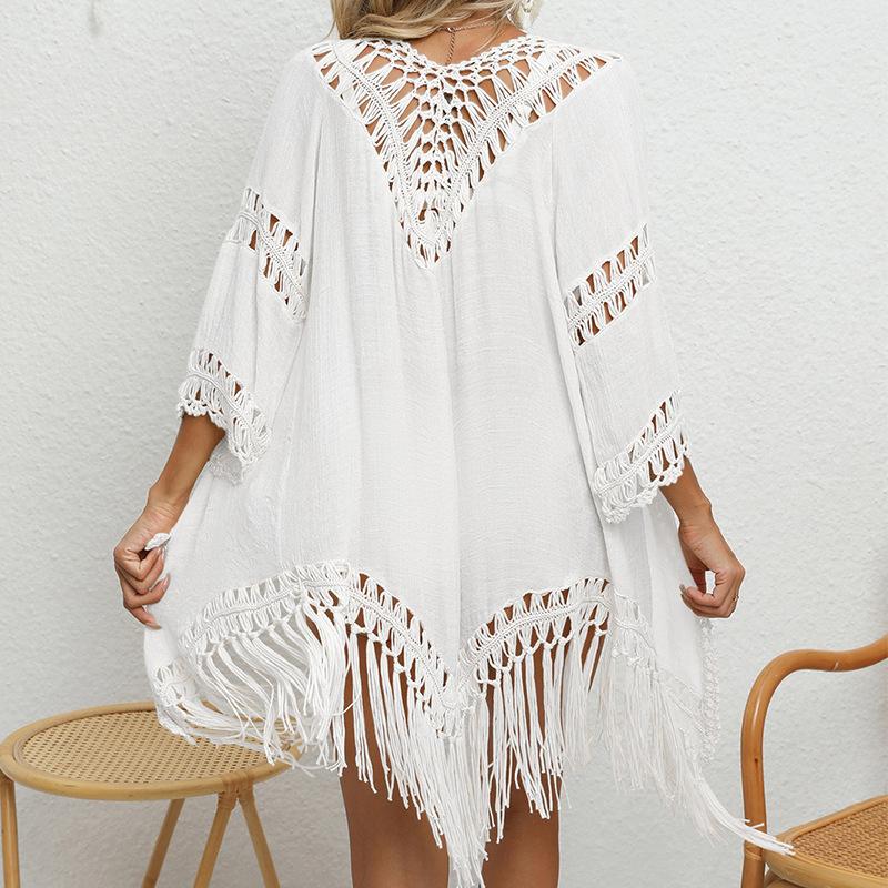 Women's Solid Colour Hand Crochet Flower Patchwork Beach Sunscreen Cardigan Tassel Tie Short Sexy Cover-up