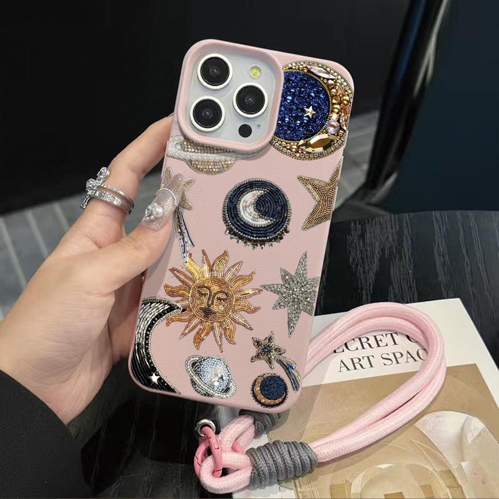 

Boho Beaded Sun Moon Star Case For iPhone 12 11 17 16 15 14 13 Pro Max Plus Air X Litchi Texture Soft Protective Cover Lanyard iPhone 16 Pro Max