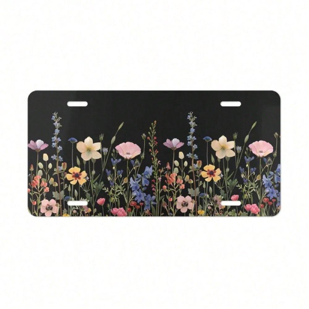 Black Wildflower Front License Plate Floral Vanity Tag Cute Rustproof Aluminum Car Decor Gift for Women