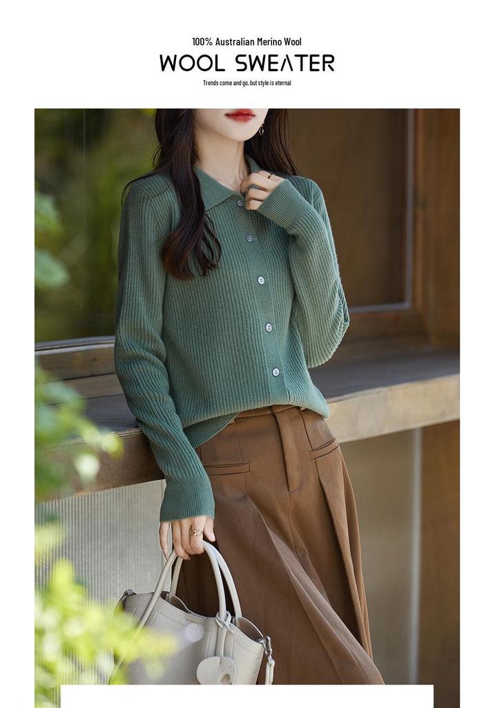 2024 Autumn/Winter Women's 100% Wool Striped Polo Collar Cardigan - Loose, Slimming, Versatile Fashion.
