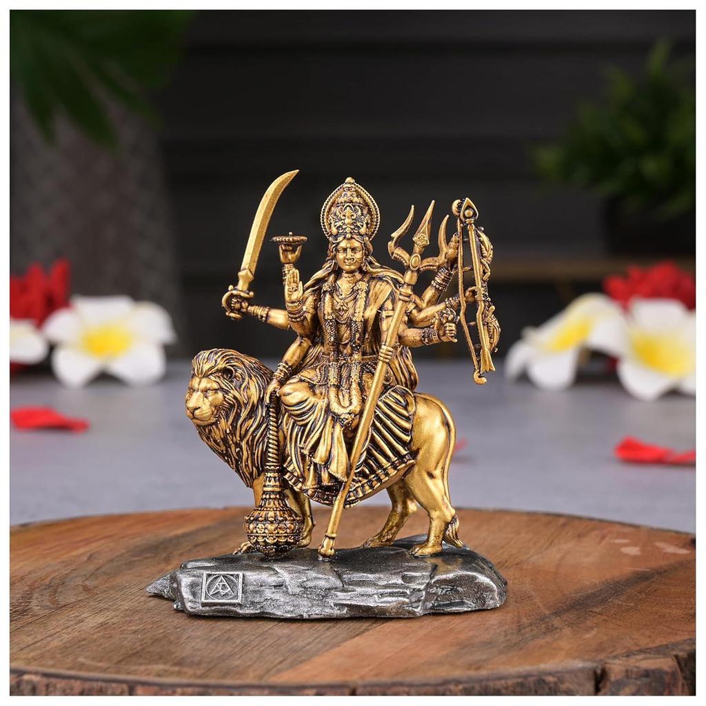 Durga MATA Idol for Car Dashboard and Home Decor, Vaishno Devi Sherawali MATA Murti, Goddess Durga Sitting On Lion Statue for Puja Room