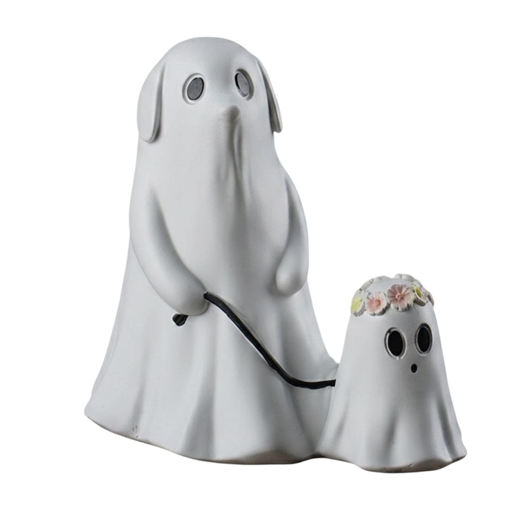Harz Halloween Geisterhund Figur mit Leine und kleiner Geisterdekoration Indoor Tischdekoration für saisonale Heimdekoration