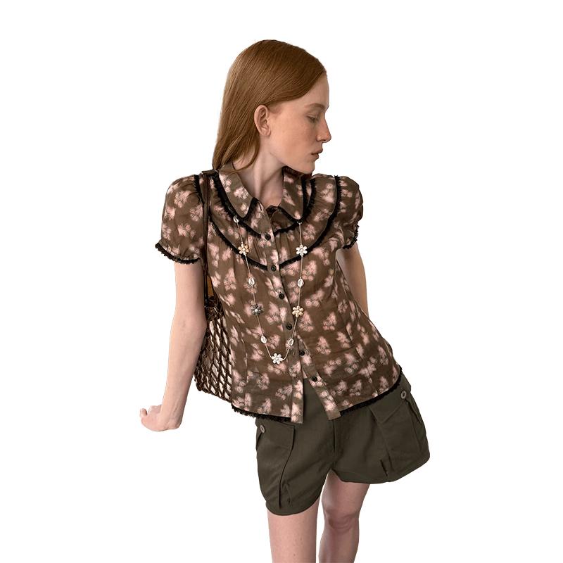 

GREEN BELT Floral Puff Sleeve Ramie Blouse L
