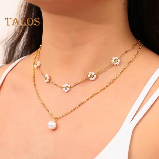 Collier de perles d'imitation dorées Collier multicouche plaqué or Design de fleur Choker de perles d'imitation Bijoux Cadeaux pour mariages fêtes