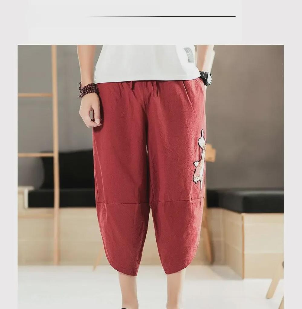 Herren Sommer Leinen Cropped Hose: Weitbeinige, lockere, trendige Harem-Strandshorts, lässiger chinesischer Stil.