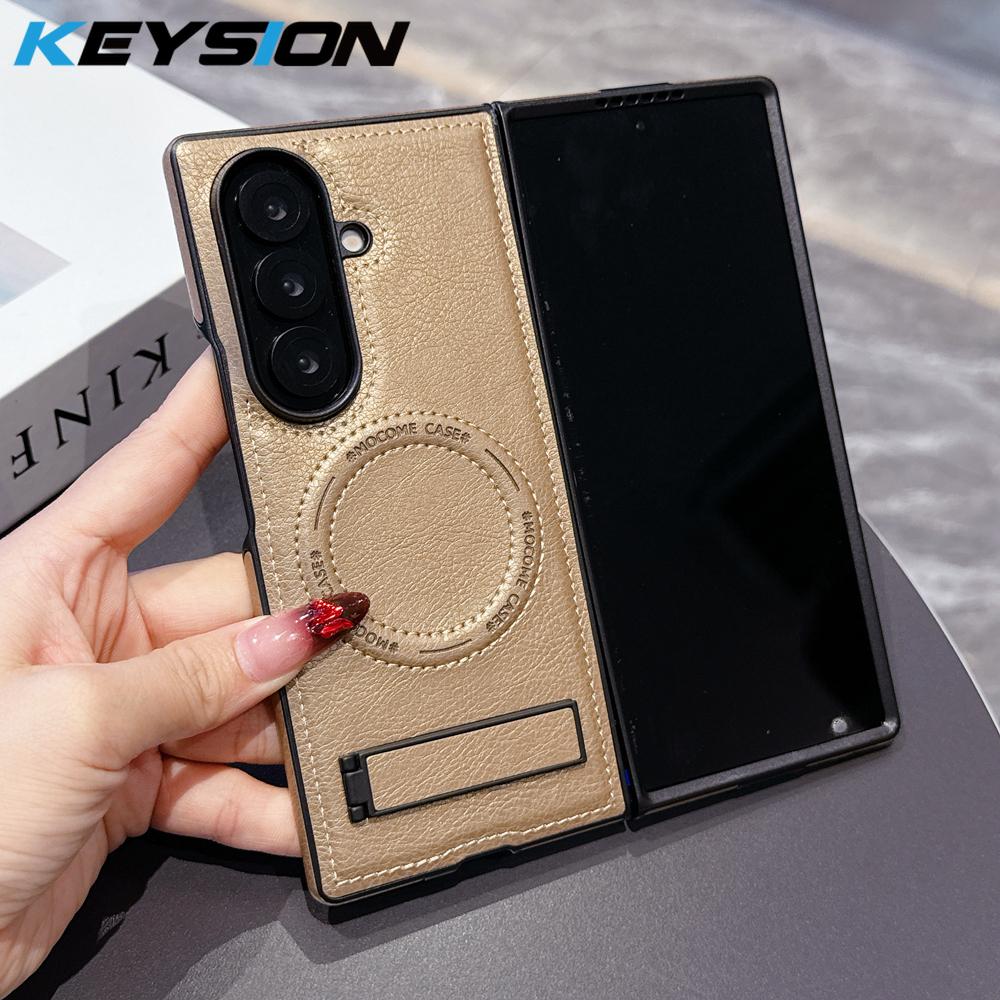 

KEYSION Роскошный магнитный чехол из ПУ кожи для MagSafe для Samsung Galaxy Z Fold 7 5G Подставка Беспроводная зарядка Задняя крышка телефона for Galaxy Z Fold 7 золотой