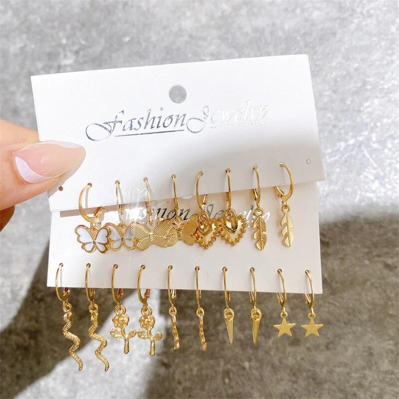 17KM Vintage Gold Color Hoop Earrings Set Pearl Metal Dangle Earrings for Women Crystal Twist Earrings Trendy Fashion Jewelry