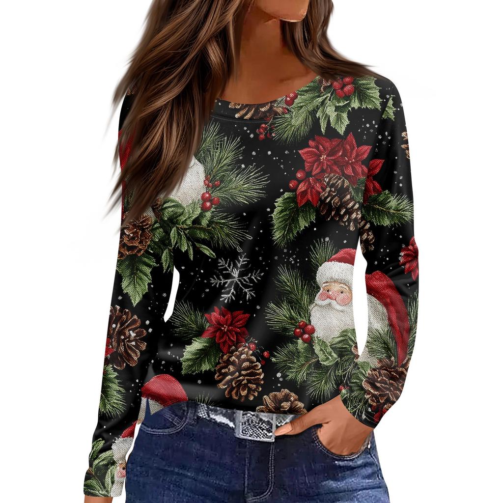 Women's Fashion Casual Slit Hem Round Neck Long Sleeve Loose  Printed T-Shirt Ladies Top