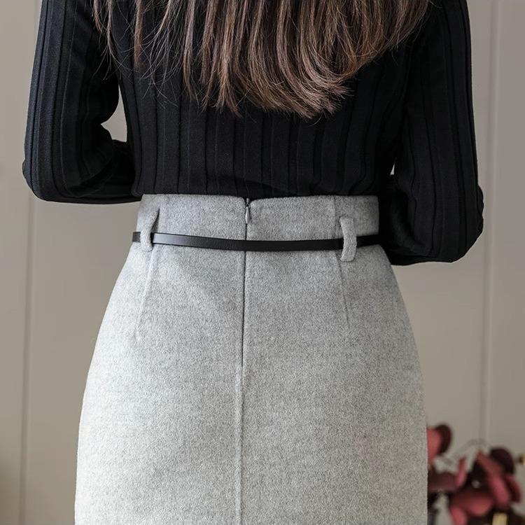 Autumn Wool Skirt High Waist Pencil Midi Skirts Women Elegant Office Outfit