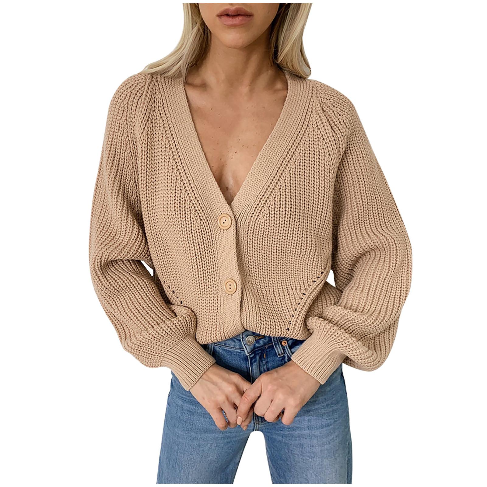 Women s V-neck cardigan SleeveButton Knit Sweater Cardigan S