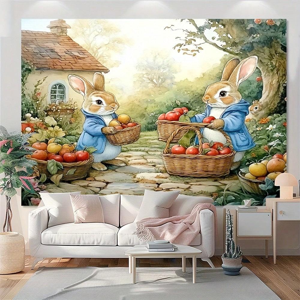 1 Watercolor Bunny Fruit Tapestry 2D Single Print Gentle Home Decor Soft Accessory Charming Functional CottageThemed Attractive 74x94cm(29x37in)