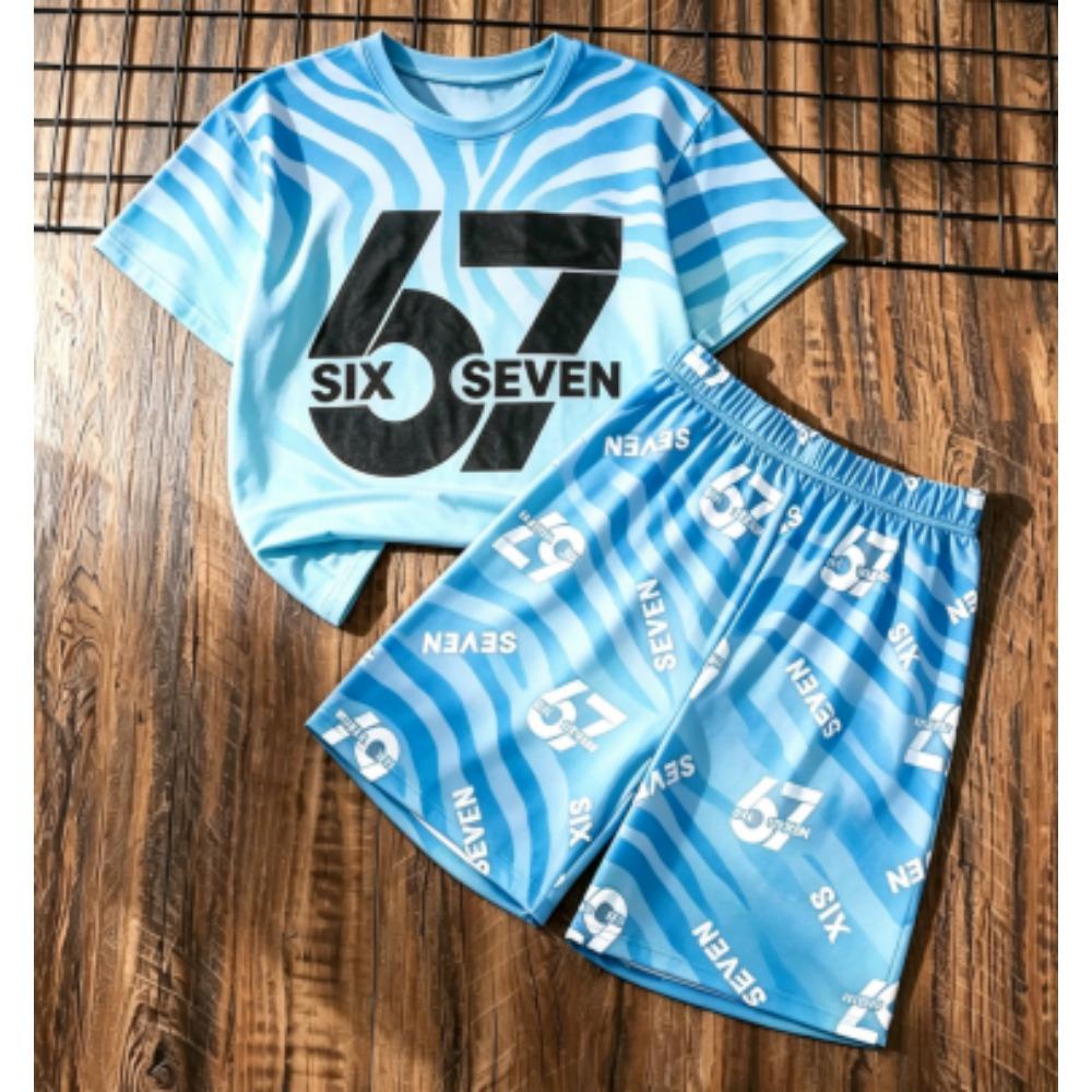 Fashion Kids Set Stripe 67 Number Printed Kids T-shirt and Shorts 2 Piece Set Summer Street Casual Outdoor Boy's and Girl's T-shirt Sets