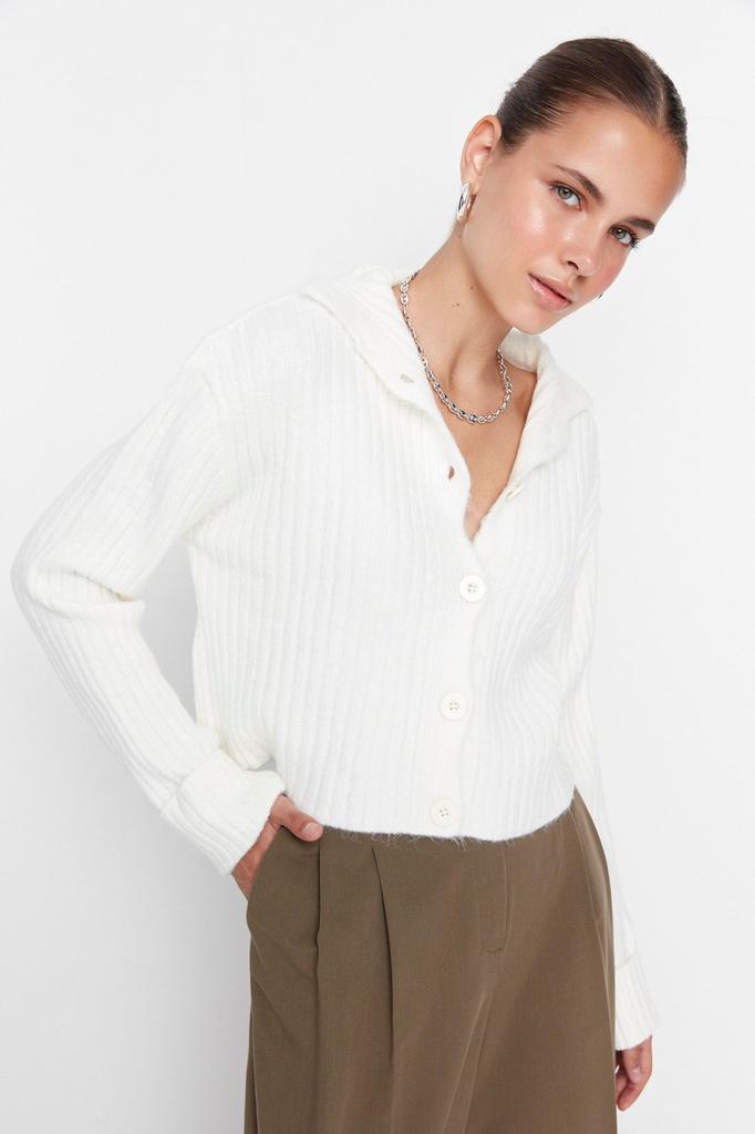 Women's Elegance Style Cardigan Pink Crop Soft Textured Stand Collar Knitwear Cardigan