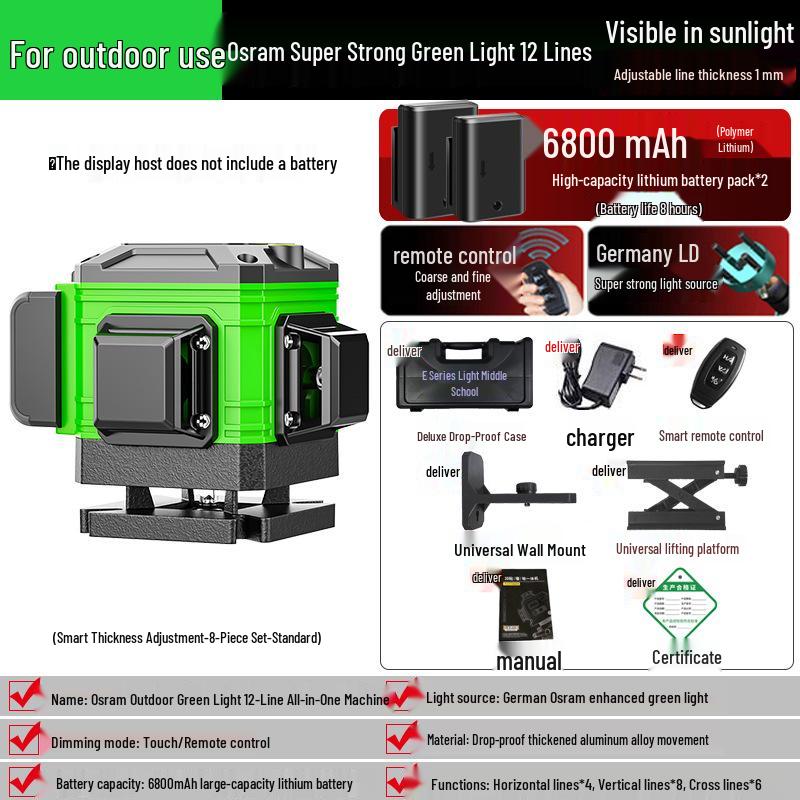 High-Precision Laser Level with 12-Line Green Infrared and Heavy-Duty Spirit Level