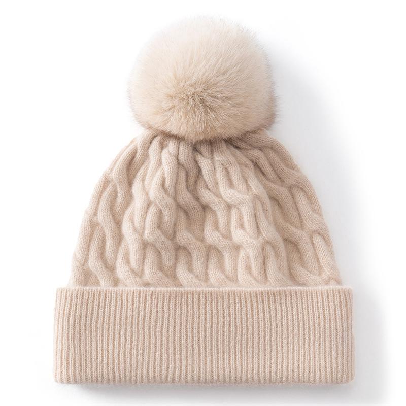 Women's 100% Cashmere Pompom Hat - Versatile, Solid Color, Folded Brim with Warm Ear Protection