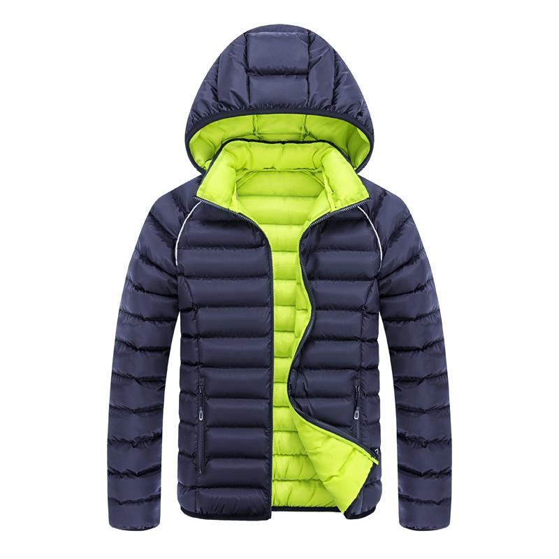 

New Men s Cotton-padded Clothes Color Matching Zipper Hooded Cotton-padded Clothes Casual Thickened Men XXXXL синій