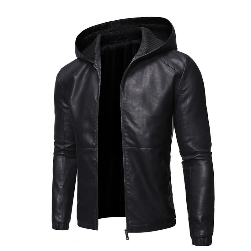 Mens Slim Fit Hooded PU Leather Jacket Warm Fleece Lined Trendy Biker Style Fall
