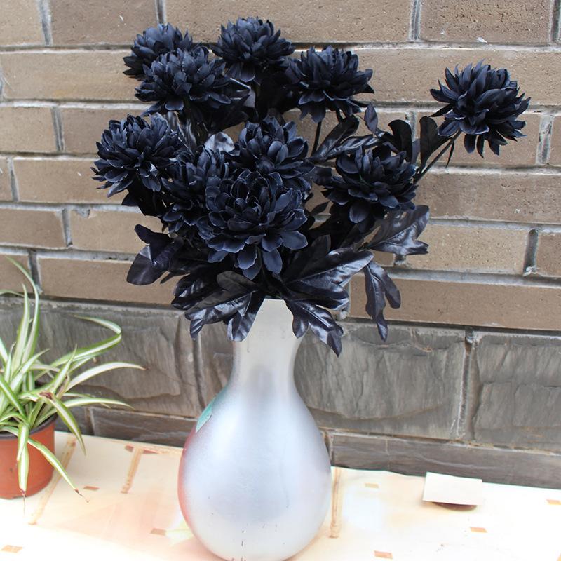 Burgundry Dahlia Black Artificial Flower Branch Wedding Flower Wall Arrangement Materials Halloween Fake Flower Table Home Decor