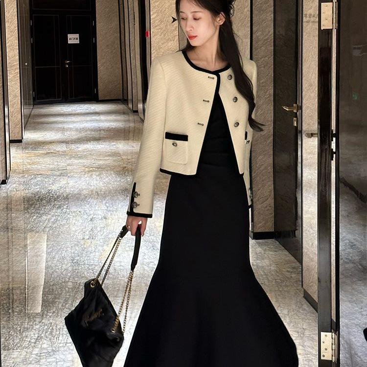 Elegant Coco Style Spring Suit Set: Women's Long Sleeve Jacket + Skirt