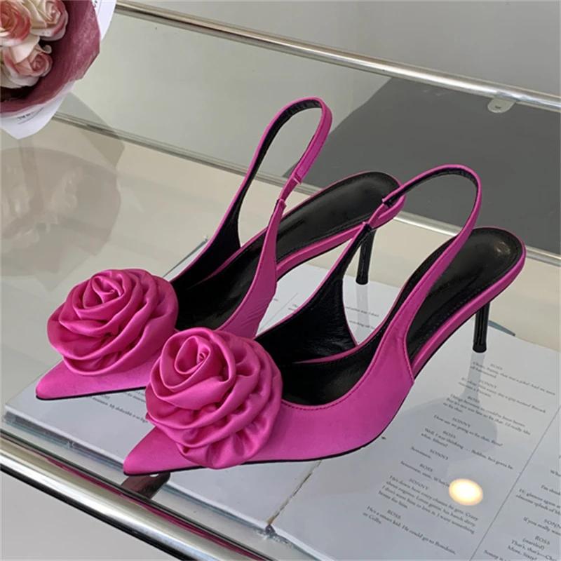 Fashion Eilyken Satin Slingback Women Pumps Sexy Design Flowers Pointed Toe Thin High Heels Banquet Wedding Mule Ladies Shoes