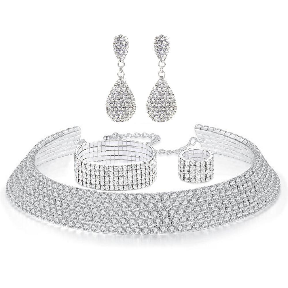 Bride's wedding dress - silver four-row necklace, earrings, elastic wristbands, elastic rings - a set of 4 items