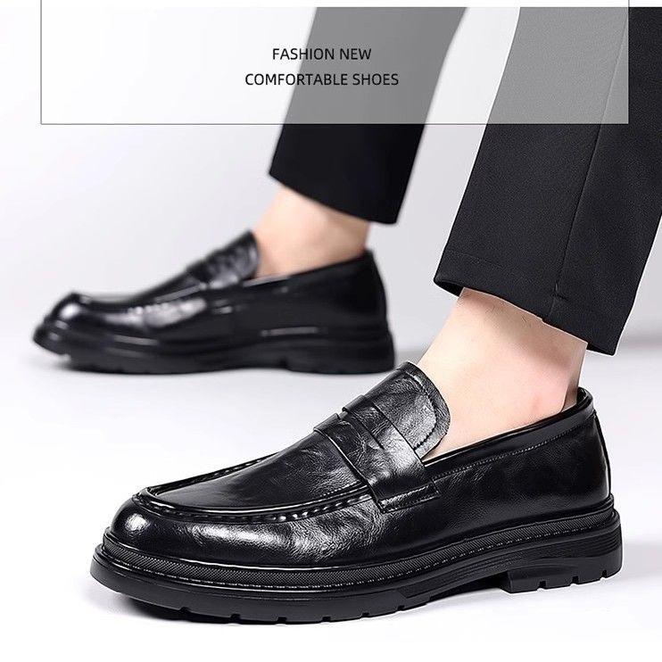 New Men's Leather Shoes Men's One-pedal Men's Business Wedding Interview Shoes Lace-free Platform British Casual Shoes