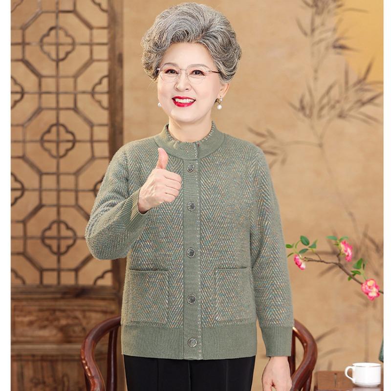 Medium Elderly Loose Casual Crew Neck Jacket Grandma Sweater Cardigan Mom Knitted Sweater Old Lady Clothes Women's