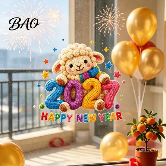 Static Glass Window Clings Chinese New Year Stickers, 2027 Goat Clings, Reusable Festival Atmosphere Decals Crochet Knit Lamb Decor for Home