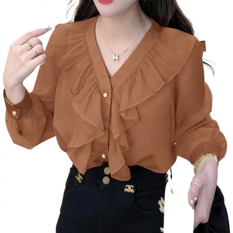 A Stylish and Beautiful Early Autumn Ruffled V-neck Long-sleeved Chiffon Shirt for Women, A Loose and Fashionable Top That Covers The Belly