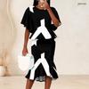 Women Plus Size Two Piece Set Round Neck Batwing Sleeve Black White Printed Ruffle Hem Top Fishtail Skirt