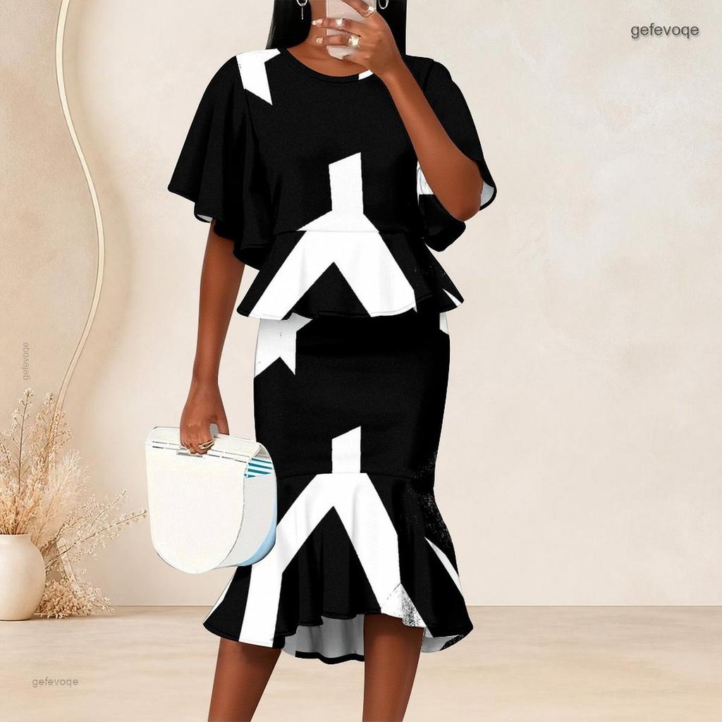 Women Plus Size Two Piece Set Round Neck Batwing Sleeve Black White Printed Ruffle Hem Top Fishtail Skirt