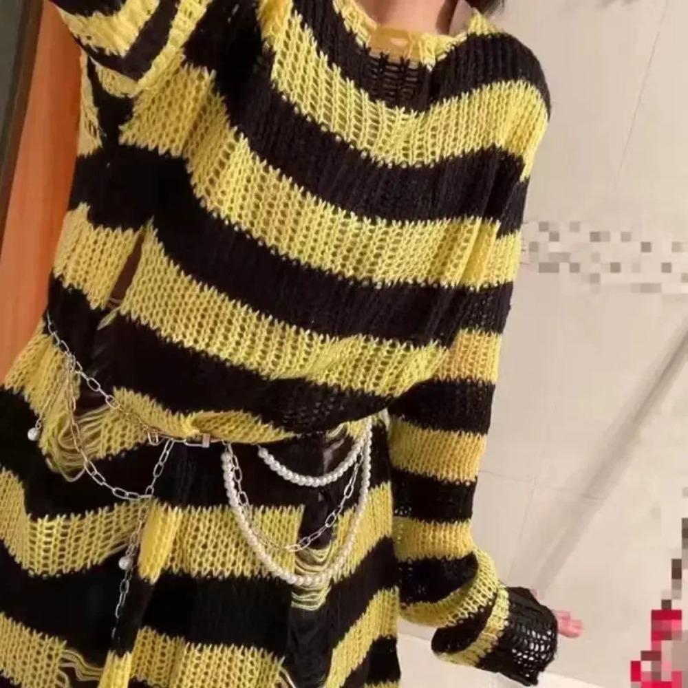 New Goth Punk Gothic Sweater Oversized Pullovers Women Striped Cool Hollow Out Hole Broken Jumper Harajuku Aesthetics Sweater