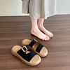 Soft leather retro one-word slippers women's summer 2025 new flat-soled women's shoes soft-soled women's belt buckle beach shoes