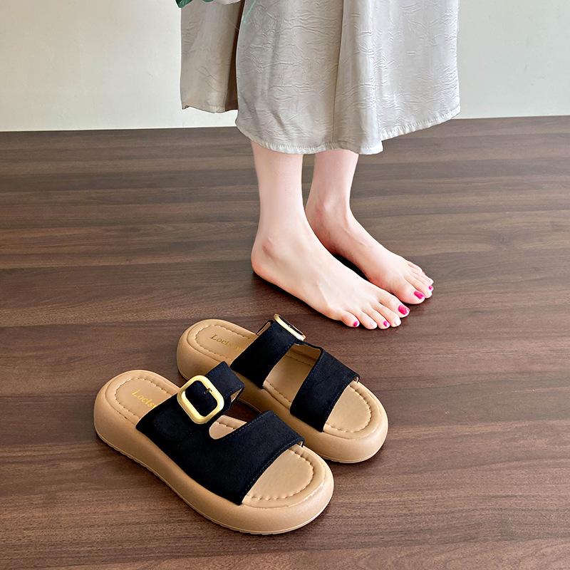 Soft leather retro one-word slippers women's summer 2025 new flat-soled women's shoes soft-soled women's belt buckle beach shoes