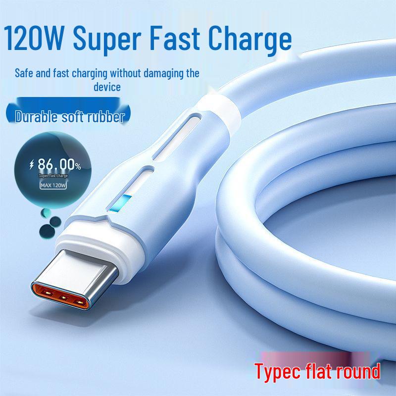 120W Silicone Type-C Data Cable for Super Fast Charging, Compatible with Huawei and Honor 6A Flash Charge