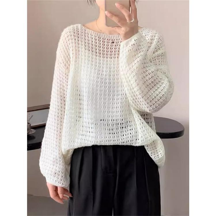 

Весна и лето корейский свободный длинный рукав солнцезащитный топ ленивый стиль ажурный трикотажный чехол для женщин 3XL белый