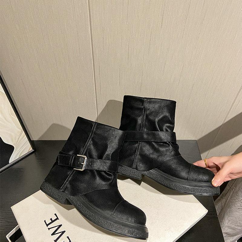 

Fashion Hot Girl Wasteland Style Ankle Boots 2025 Autumn New Style Pleated Boots Dui Dui Boots Wide Boots Trouser Boots For Women 35 чёрный