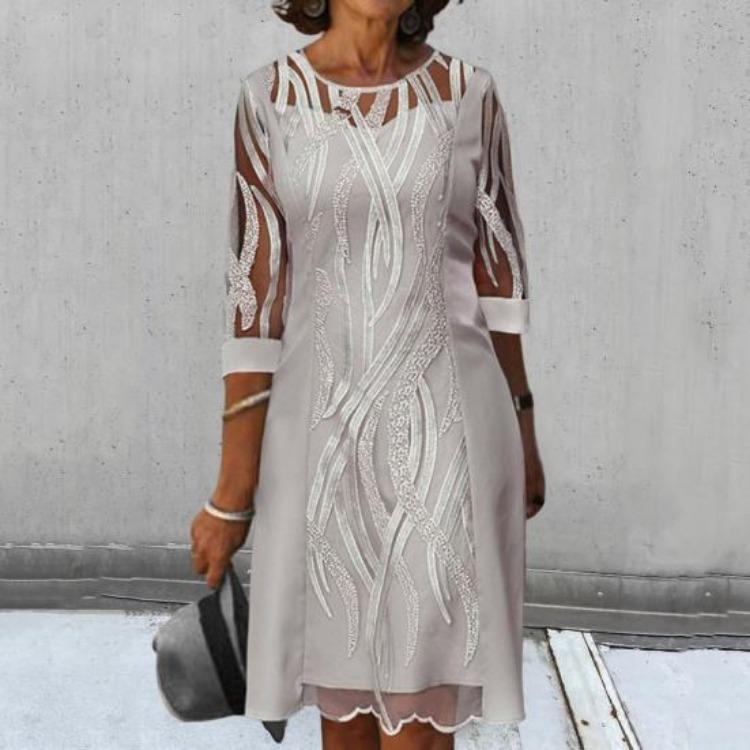 2024 Fashion Holiday Dress Women Round Neck Lace Splicing Midi Knee Length Fake Two Piece Versatile Female Clothing